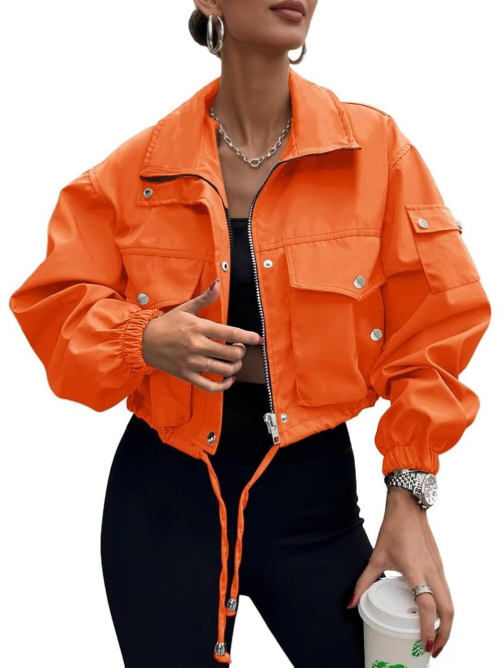 Women's Orange 100% Polyester Cropped Zip Up Cargo Utility Anorak Bomber Jacket